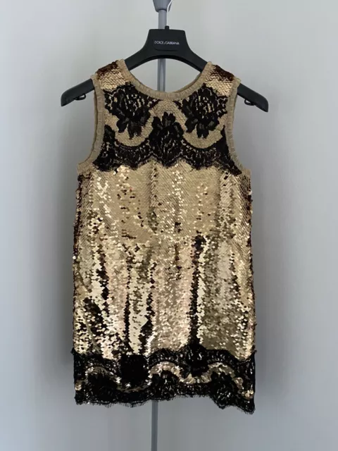 Dolce Gabbana Antique Gold Seqwin w Lace Girl Dress sz 9/10