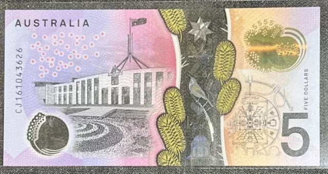 2016 Australia $5 Five Dollars Polymere Banknotes Unc With Prefix #Cj161043626