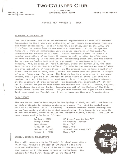 John Deere Froelich Tractor 1986 Two Cylinder Club Newsletter #3 -missing 1 page