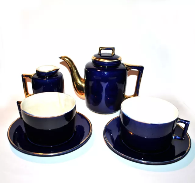 Service café 2 tasses Petit Déjeuner en Faïence KG Lunéville - bleu cobalt et Or