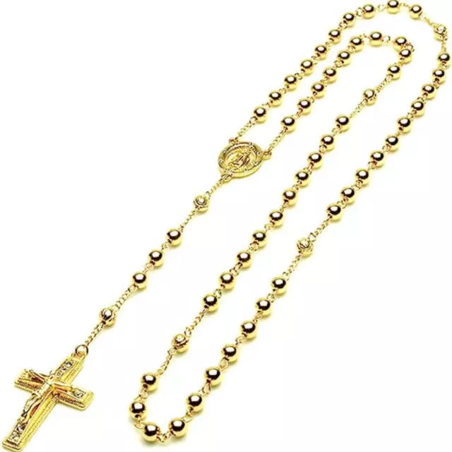 Collar de Cuentas Oro 14k chapado para Hombre Rosario Guadalupe Jesús cadena 28" Collar de Cuentas Oro 14k chapado para Hombre Rosario Guadalupe Jesús cadena 28"