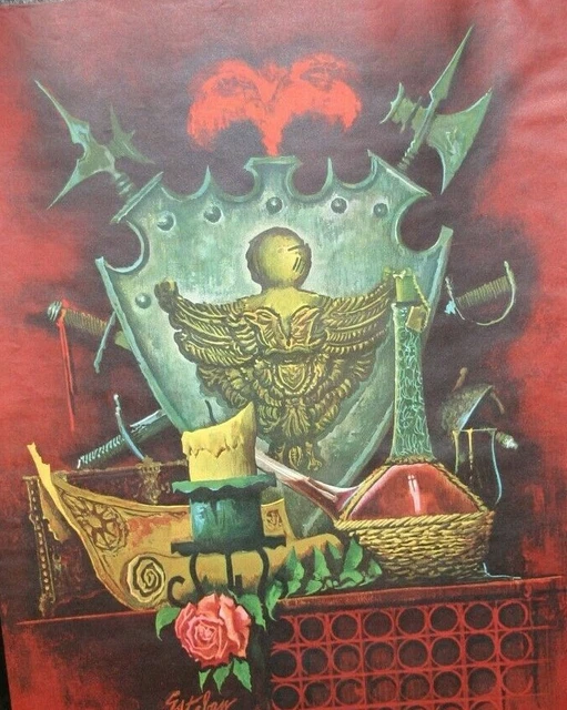 Vtg Gothic Print Art Esteban Coat Of Arms Dark Weapon Crest Shield Double Eagle
