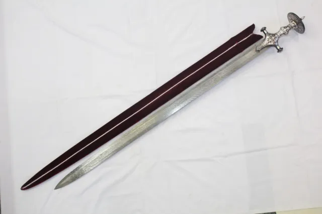 Sword Damascus Sikh Straight Blade Silver Wire Work handmade velvet sheath W 701