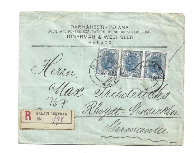 1908 Romania Registered Advertise Cover To Germany - Galati Forestry Label Verso