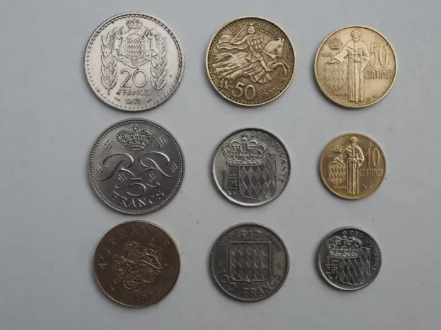 Numismatique MONACO Lot de 9 Pièces  diverses 1947 à 1977: Louis à Rainier - TBE