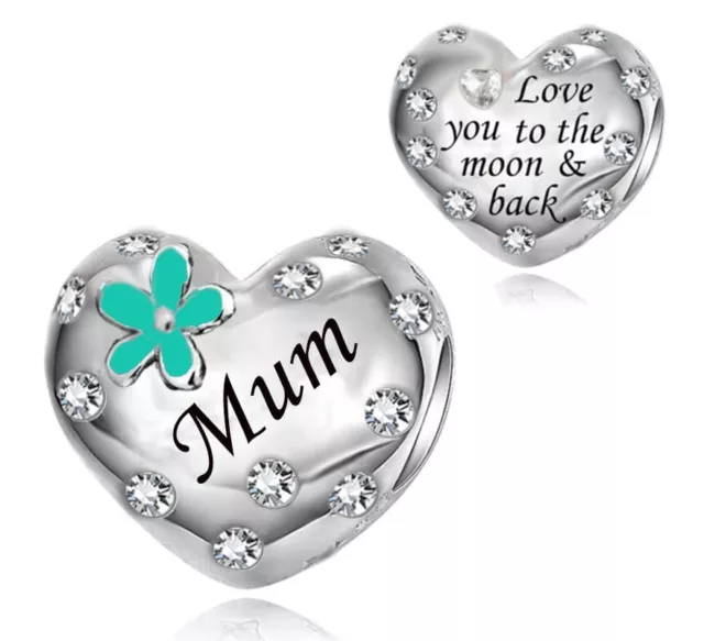 Mum Green Flower Charm Love You To The Moon 💜 925 Sterling Silver Gift