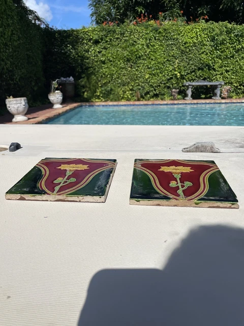 Pair of Antique T & R Boote English 1900’s Art Nouveau 6” Floral Tiles