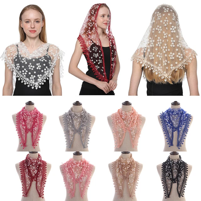 Flower Fringed Triangle Scarf Church Prayer Shawl Embroidered Lace Veil Elegant