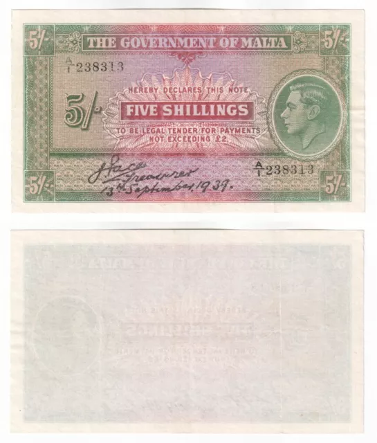 Malta 5 Shillings Banknote (1939) P.12 - VF+/aEF