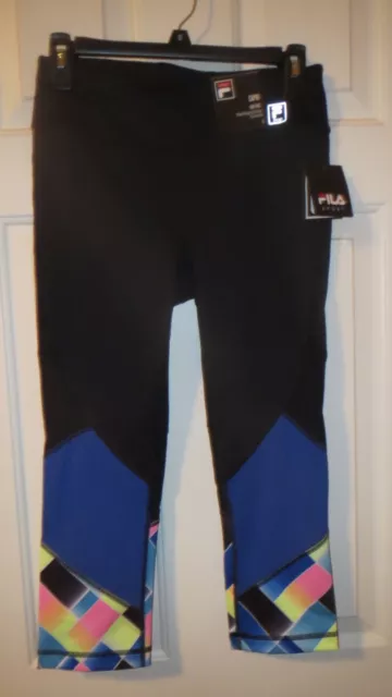 Women's Fila Sport Capri Leggings Black/Blue/Multi Mesh Inset Small Nwt