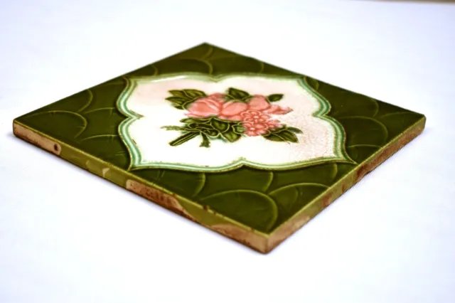 Ancien Carreau Art Nouveau Majolique Céramique Porcelaine Rose Fleur Vert " 1 3