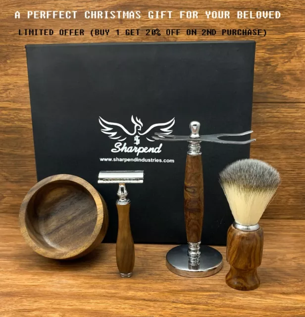 Brown Shaving 5 Piece Set | DE Safety razor & Badger  Brush | Men's Gift Kit