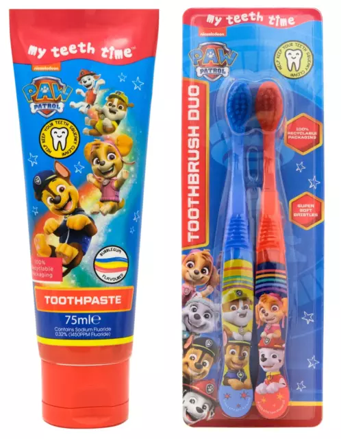 Paw Patrol Toothbrushes Twin Pack Blue & Red & Bubblegum Toothpaste