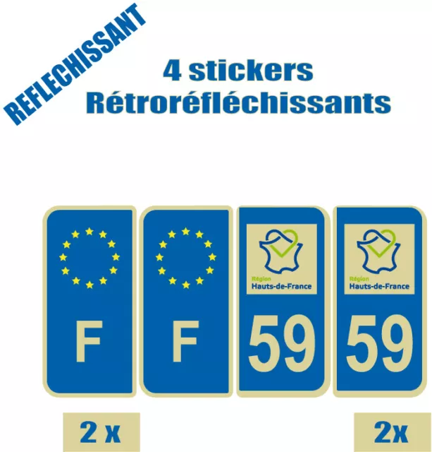 2 paires 4 stickers REFLECHISSANT BLEU style PLAQUE AUTO F + 59 NORD HDF