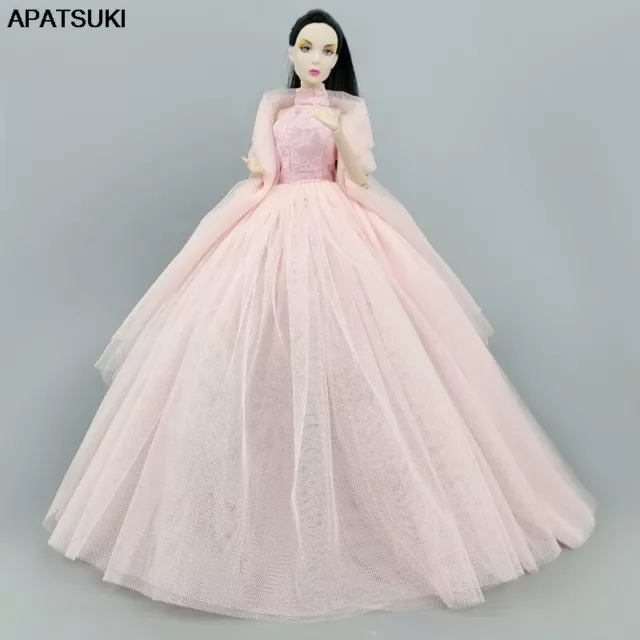 Pink High Neck Wedding Dress For 11.5" 1/6 Doll Outfits Gown Clothes & Veil 1/6