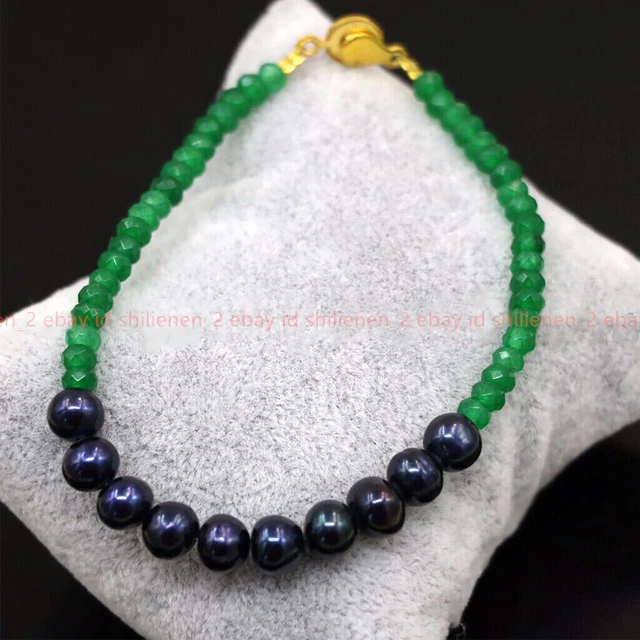 2x4mm Facettiert Rondelle Grün Jade 7-8mm Schwarz  Perle Perle Armband 7.5''