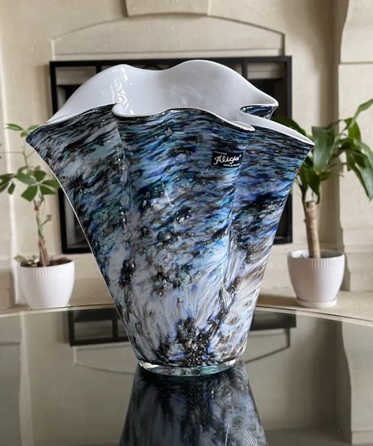 Alicja Hand Made / Hand Blown Art Glass Vase 12” Tall, Poland, Blue/White/Silver