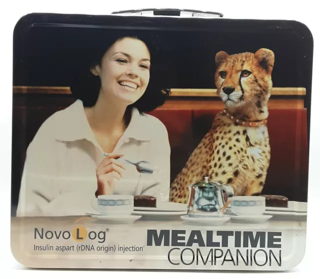 Vintage Pharmaceutical Drug rep collectibles 1970s lady cheetah at lunch tin box