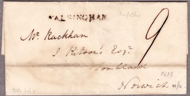 Norfolk 1818 Wrapper To Norwich With NK436 WALSINGHAM S/L Handstamp