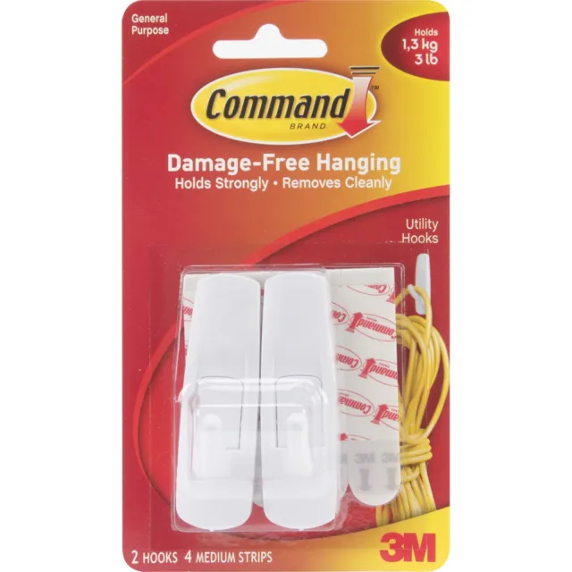 Command Removable Adhesive Utility Hooks, 3-lb Capacity, Plastic, White, Set of