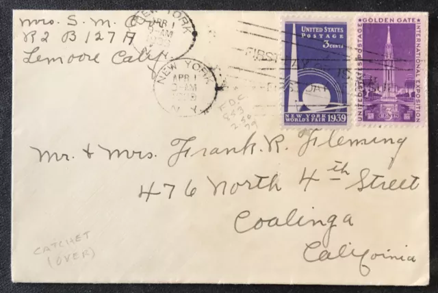 alter USA-FDC von New York nach Coalinga gel. 1939 s. toller Stempel Rückseite..