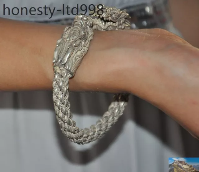 China Tibetan silver animal Dragon head lucky statue amulet bracelet hand ring