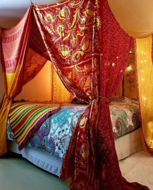 Indian Vintage Handmade Hippie Sari Silk Bed Canopy Curtain Drapes Room Canopy