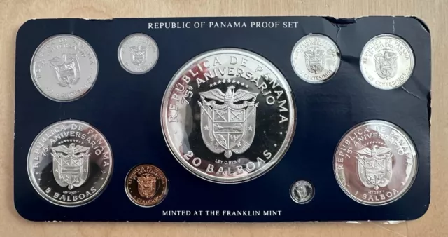 1978 Panama 75th Anniversary Sterling Silver Proof Set - Nine Coins - 20 Balboas