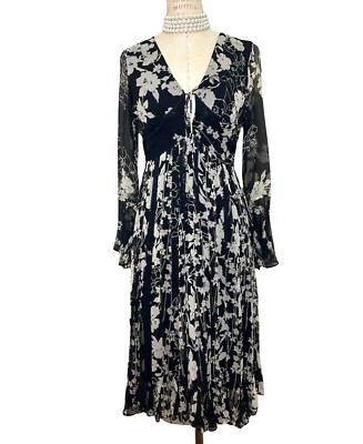ECI New York Floral Dress sz 4 Black SILK A line Knee length Formal Cocktail V