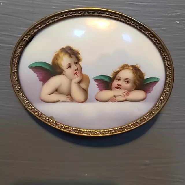 Antique Miniature Portrait Angels Hand Painting?? On Porcelain Brass Frame Vtg