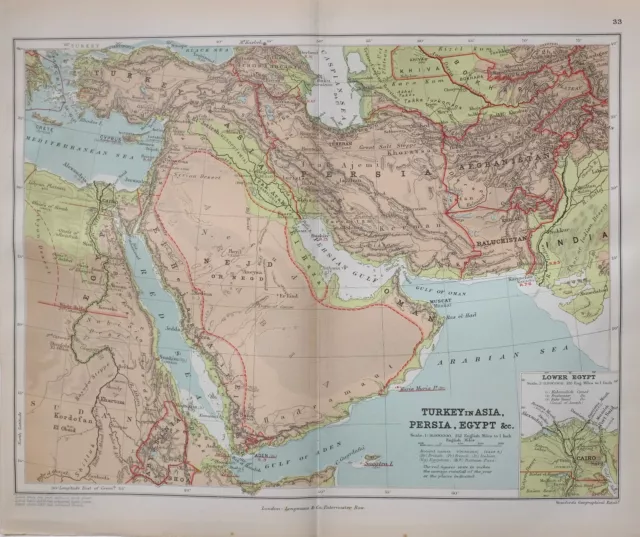 1889 Map Turkey In Asia Persia Egypt Arabia Nejd Afghansitan Baluchistan Oman