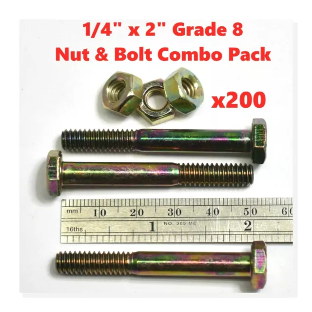 (200) 1/4in x 2" Nuts and Bolts - GRADE 8 - Partial Thread - Yellow Zinc