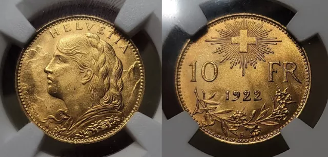 Switzerland 1922B Gold 10 Francs KM# 36 NGC MS 64