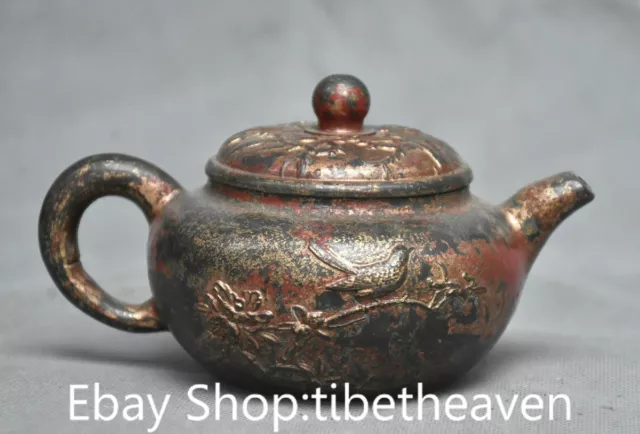 5.6" Marked Old China Bronze Gilt Dynasty Palace Flower Bird Wine Pot