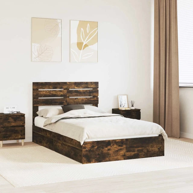 BED FRAME WITH Drawer Smoked Oak 135 x 190 cm Engineered Wood vidaXL £ ...