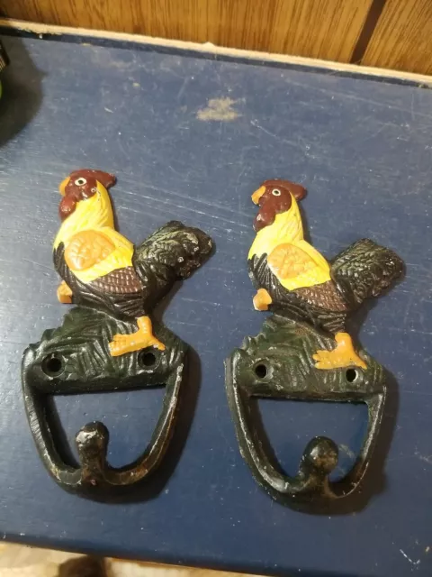 2 Cast Iron New Old Look Rooster Chicken Towel Hooks