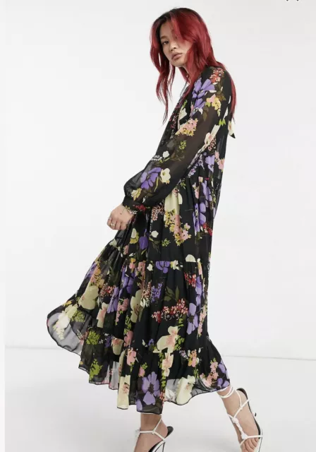 ASOS Design High Neck Tiered Bold Floral Maxi Dress Size 8