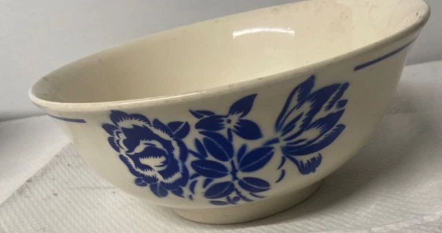 Saladier Plat Creux Vintage - Porcelaine Blanche à Motifs De Fleurs Bleues - Occasion