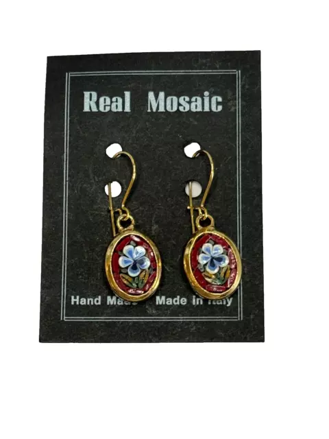 Micro Mosaic Murano Glass Floral Design Dangle Drop Earrings Italy