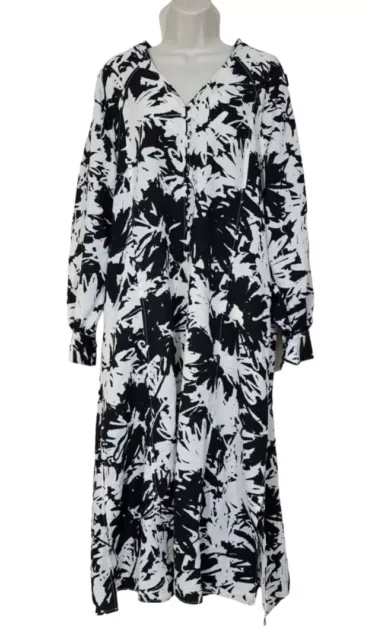 NEXT Black White Floral Print Long Sleeve Relaxed Midi Dress Size 10-12 BNWT