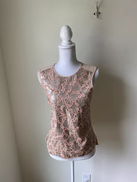 Rebecca Taylor Women’s Top Lace Sequin Blouse Size 2 Pink Sleeveless Zipper Back