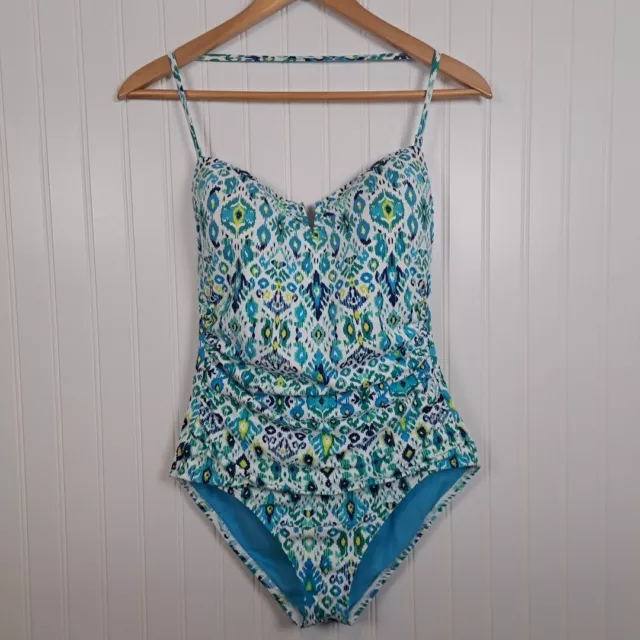 Tommy Bahama One Piece Swimsuit Womens 12 White Blue Ikat Halter Ruched Sides