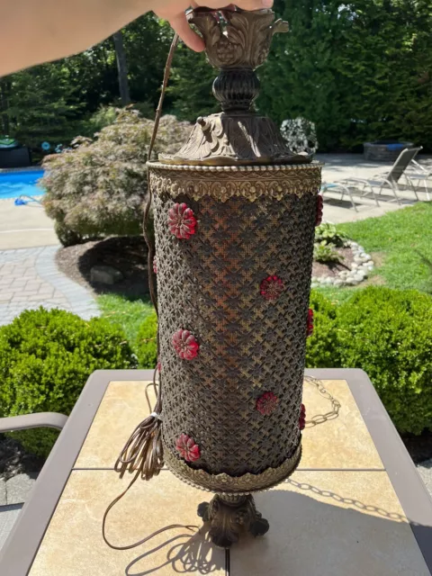 Vintage Gold Filigree Moroccan Jeweled Hanging 30" Lamp w/ Chain