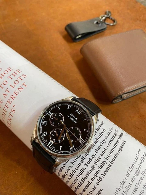 NIB FOSSIL GEOFF Multifunction Black Leather Watch BQ2334 149
