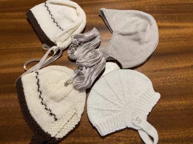 Reborn Doll Clothes.  4- Hand Knitted Bonnets,  Size 0.  & Pair Of Booties.