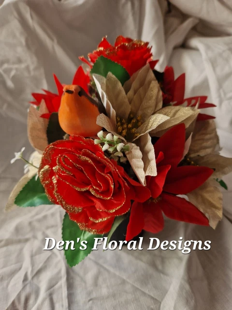 Christmas artificial flower memorial grave pot and robin tribute reds and golds