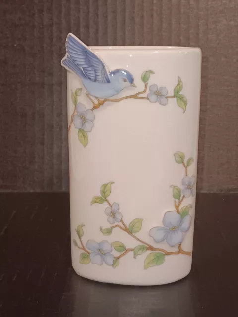 Vintage Art Deco Hand Painted White Porcelain Vase 3D Blue Birds Blue Flowers 6"