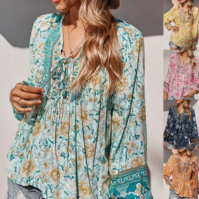 Womens Boho Floral V-Neck Blouse Long Sleeve Loose T Shirts Tunic Tops Size 20