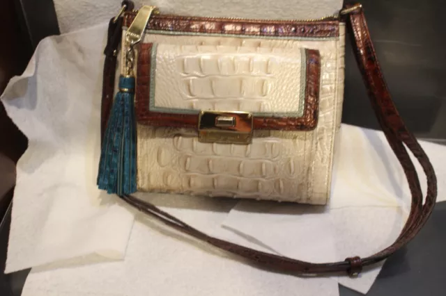 BRAHMIN Manhattan Ivory/Brown/Green Trimmed Leather Bag Built-in Wallet & Tassel