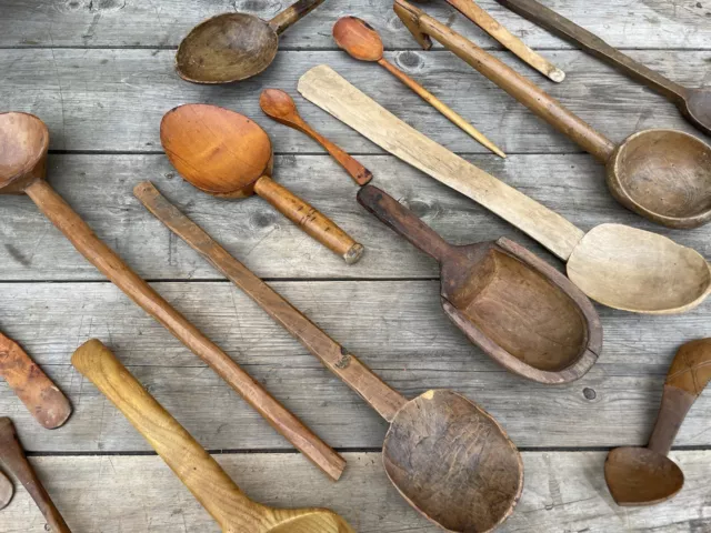 Objet Art Populaire Cuillère Ancien Bois Sculpté Travail de Berger Savoie Alpes